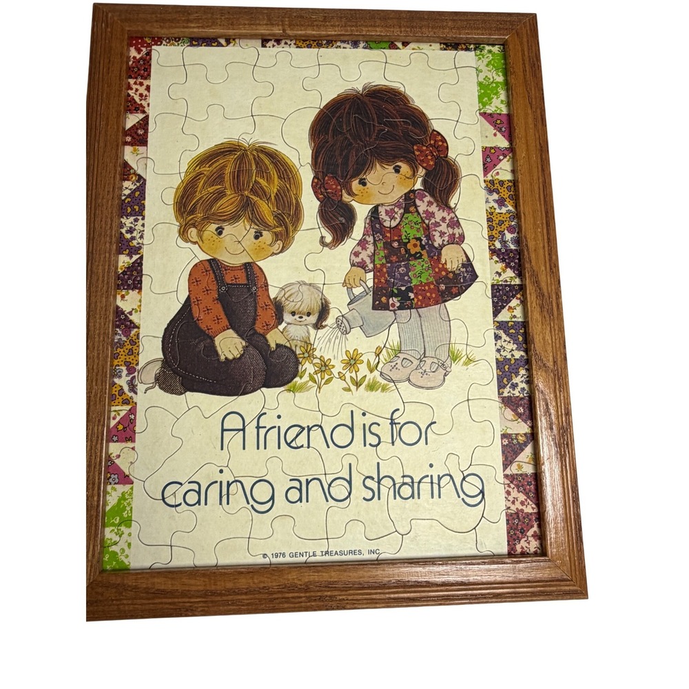 Vintage 1976 Gentle Treasures Framed Puzzle Art " A Friend Is for Caring" VTG